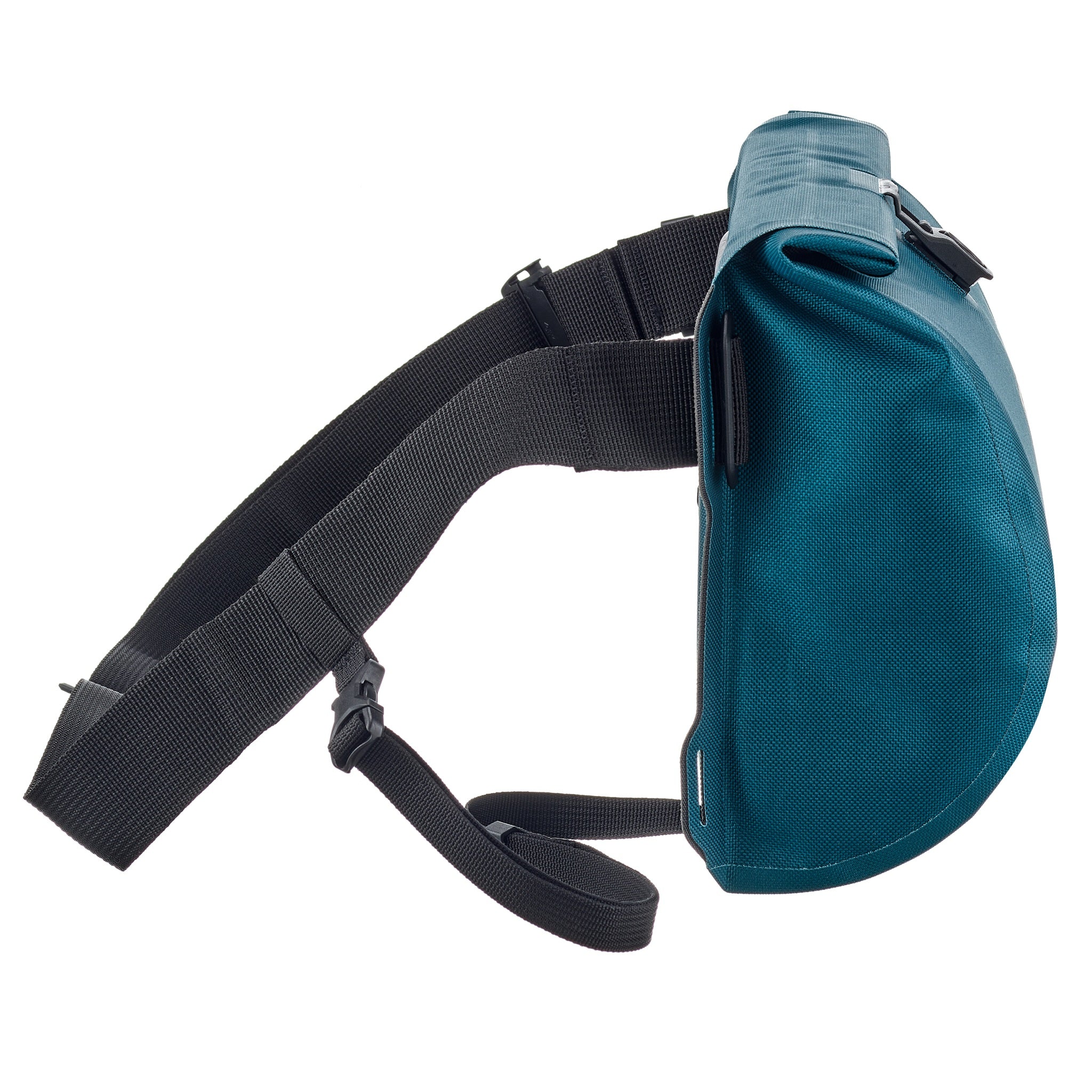 Seitenansicht der ORTLIEB Velo-Sling Flex in petrol mit verstellbarem Schultergurt