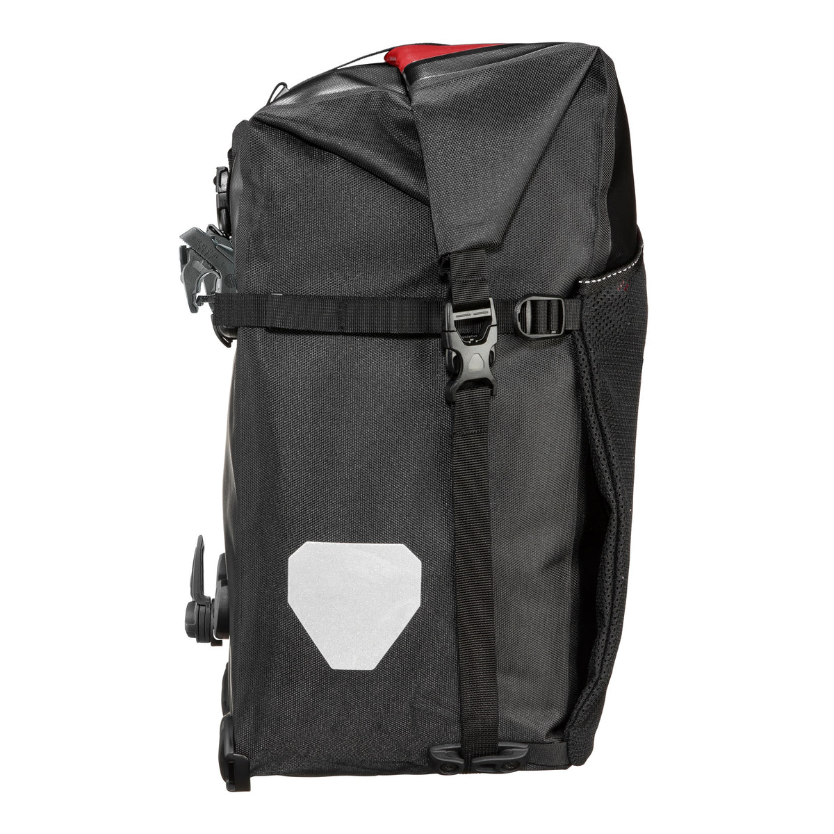 Side view of ORTLIEB Back-Roller XL QL2.2 in red-black with reflective element and roll closure