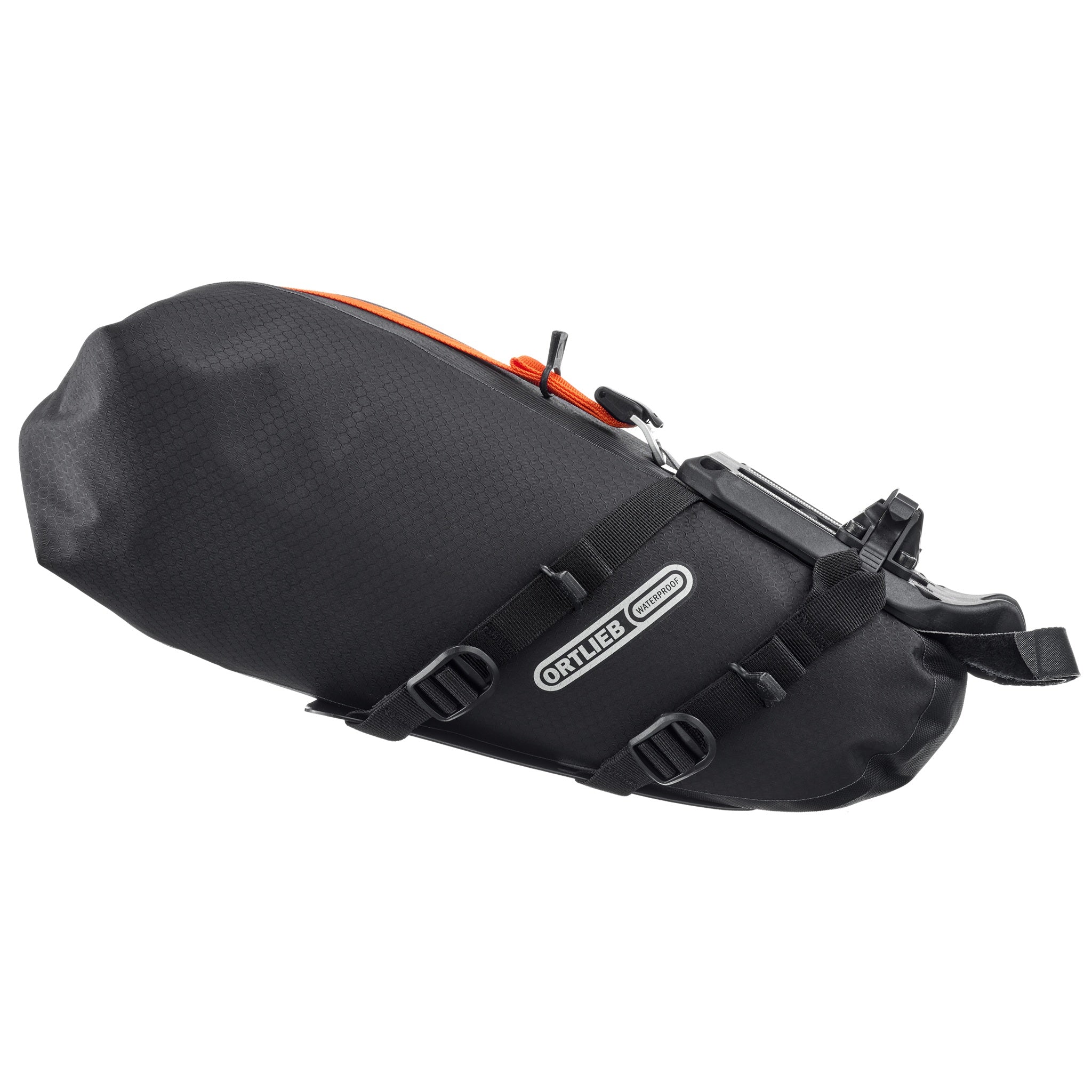 Side close-up of ORTLIEB Seat-Pack QR black-matt with straps and mounting system