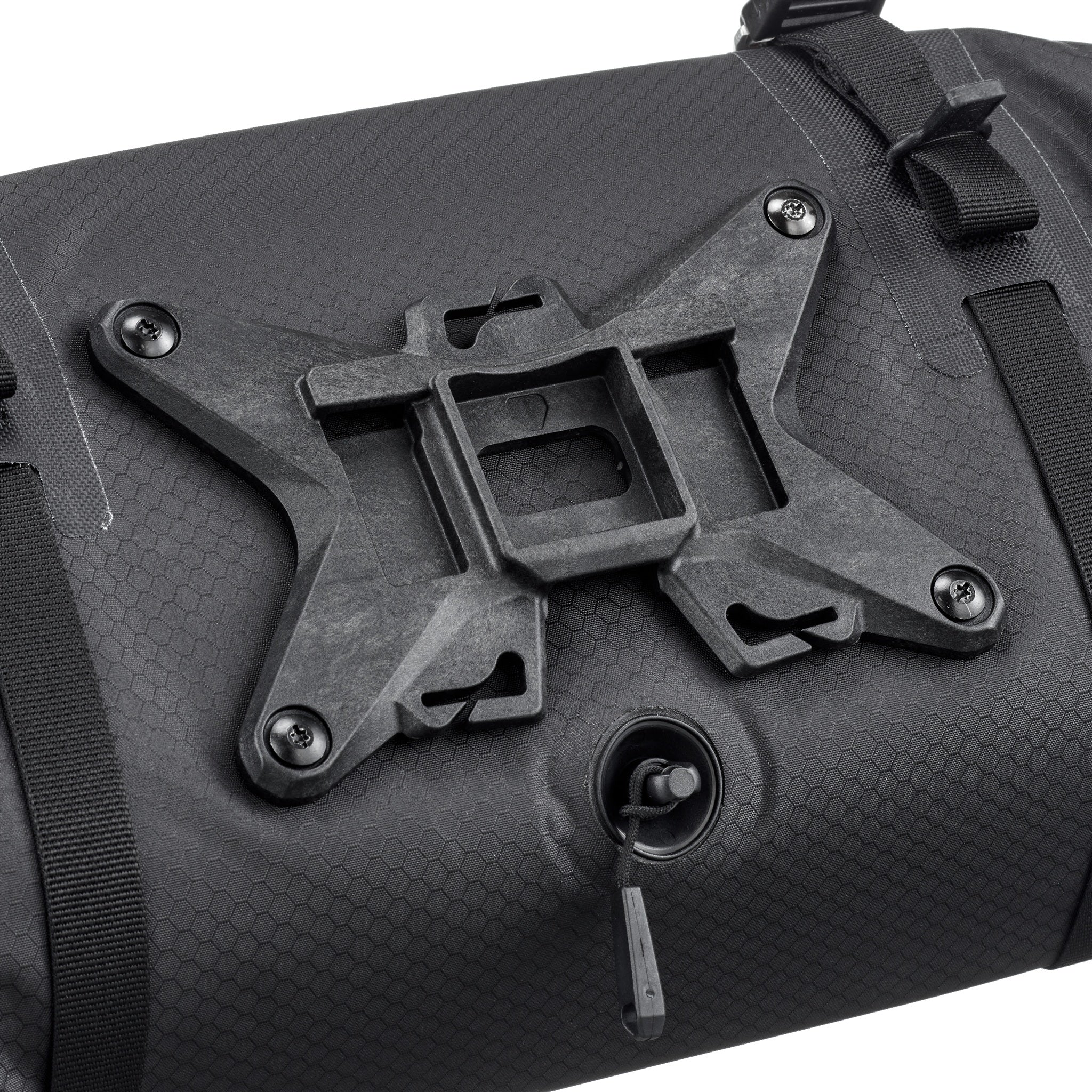 Close-up of ORTLIEB Handlebar-Pack Flex in black-matt showing Bar-Lock mounting system