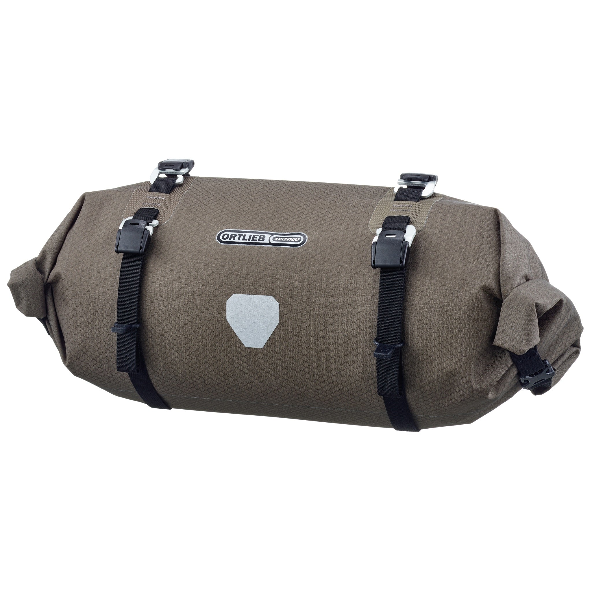 Front view of ORTLIEB Handlebar-Pack Flex in dark-sand with reflective logo and compression straps