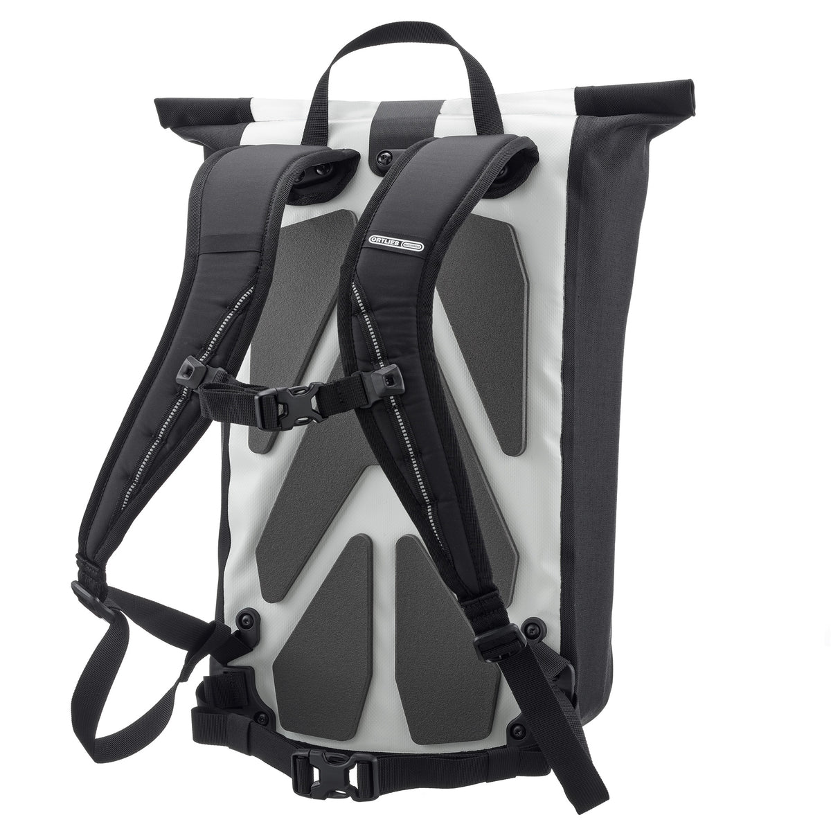 Back view of ORTLIEB Velocity Design backpack in white and black with ergonomic shoulder straps and chest strap
