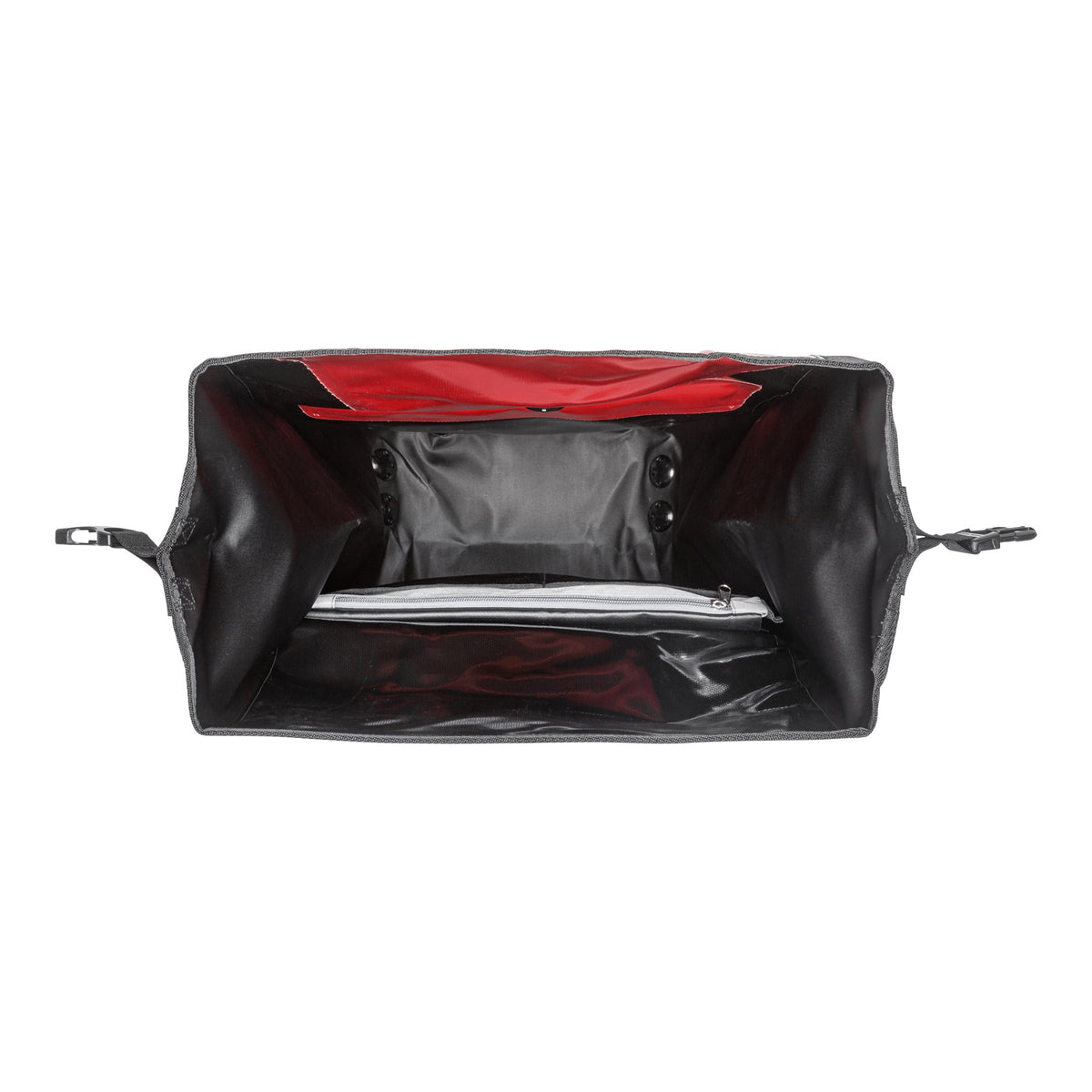 Inside view of ORTLIEB Back-Roller XL QL2.2 in red-black with large main compartment and zip pocket