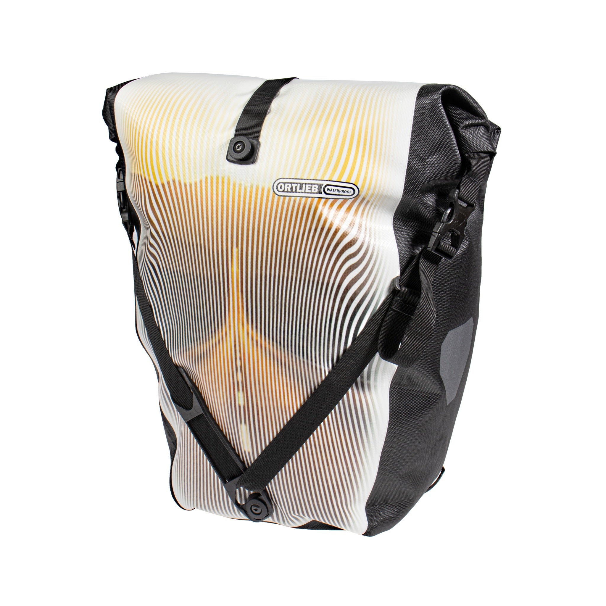 Front view of ORTLIEB Back-Roller Design bag in Route No.1 with dynamic line print