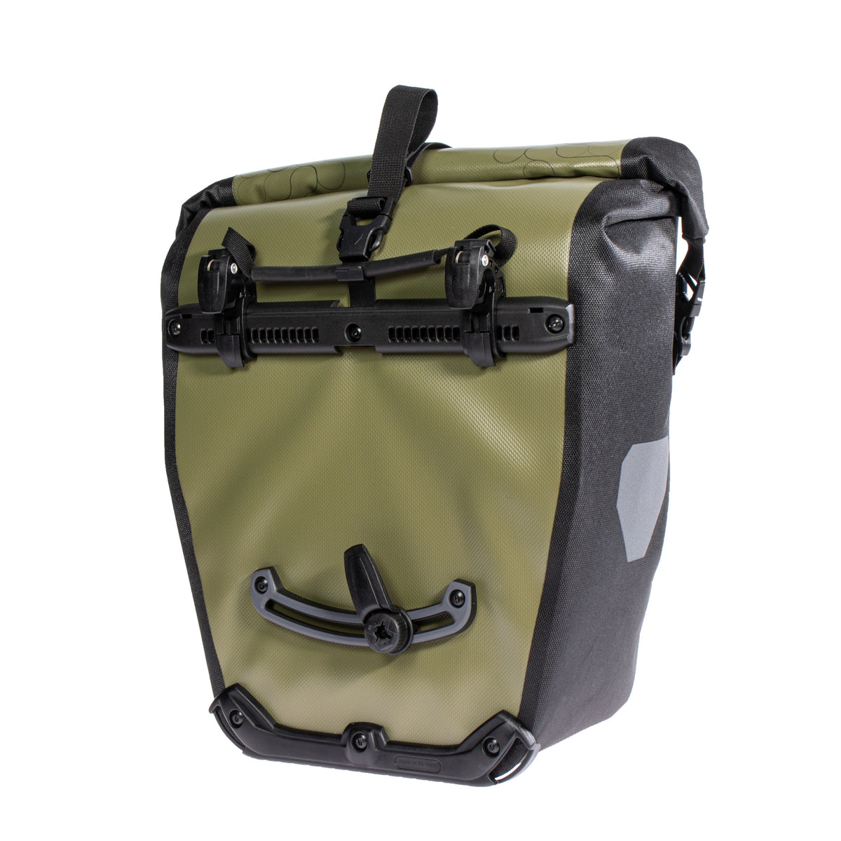 Rear view of ORTLIEB Back-Roller Design bag in camouflage olive with Quick-Lock2.1 system