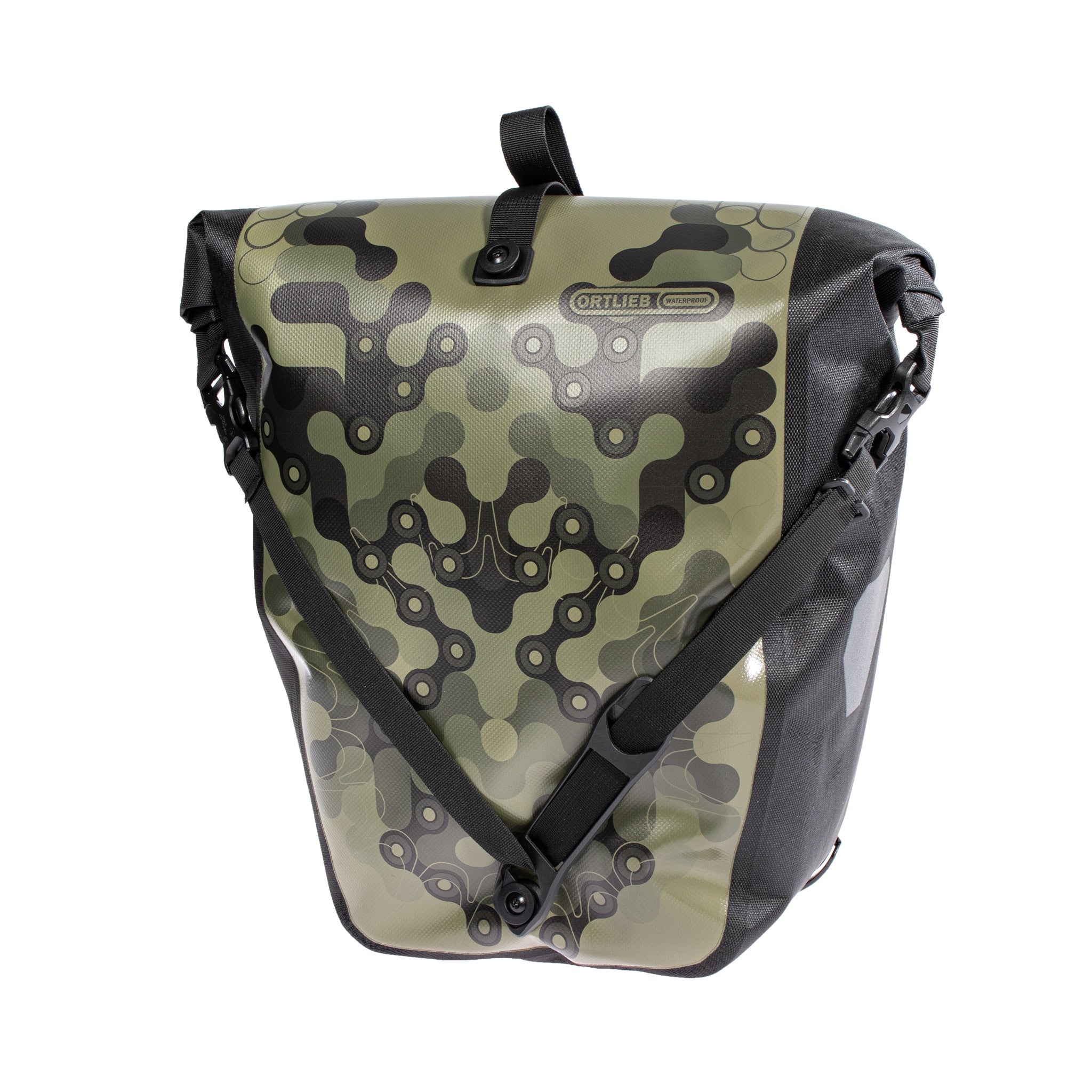 Front view of ORTLIEB Back-Roller Design bag in camouflage olive with chain pattern