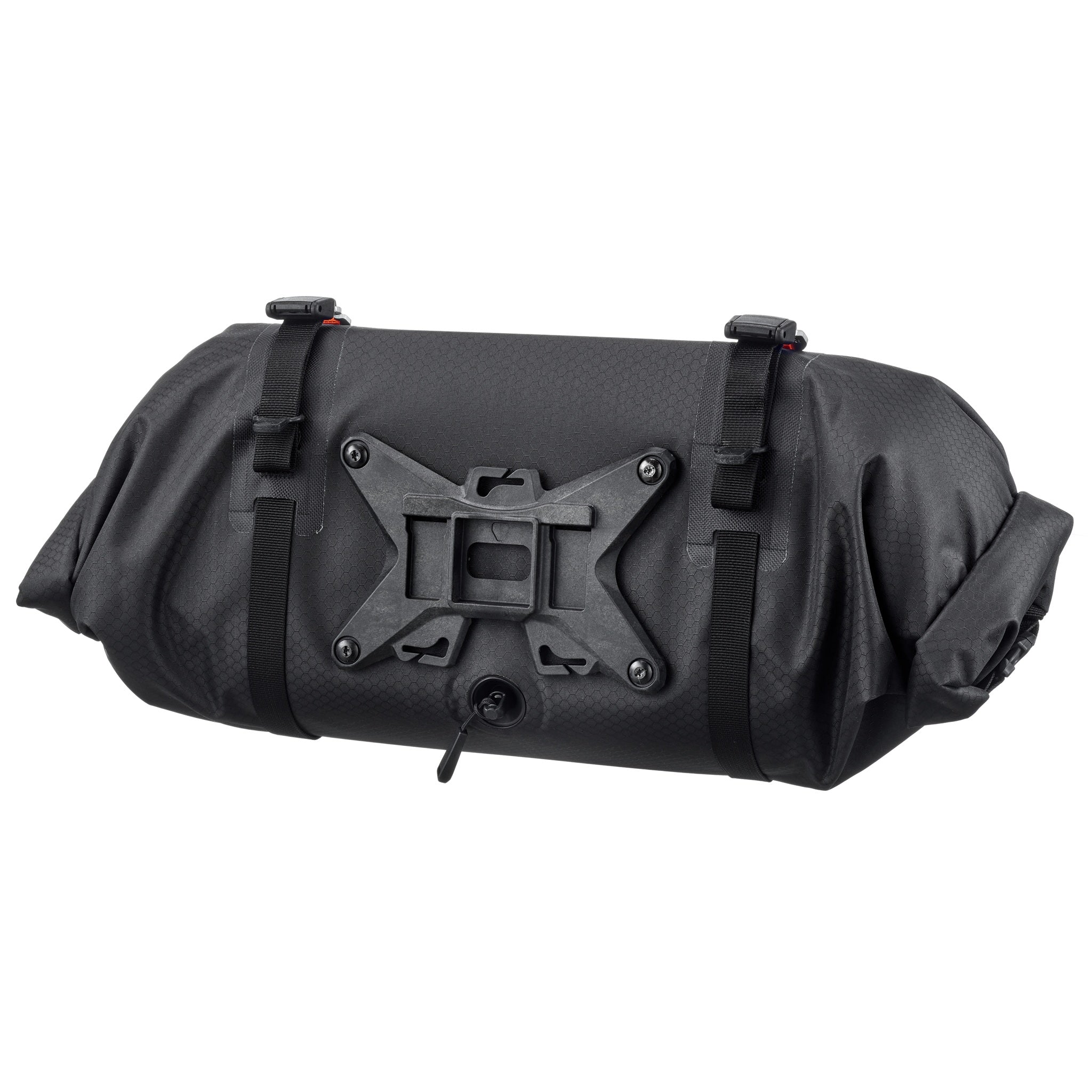 Rear view of ORTLIEB Handlebar-Pack Flex in black-matt with plastic reinforcement and mount