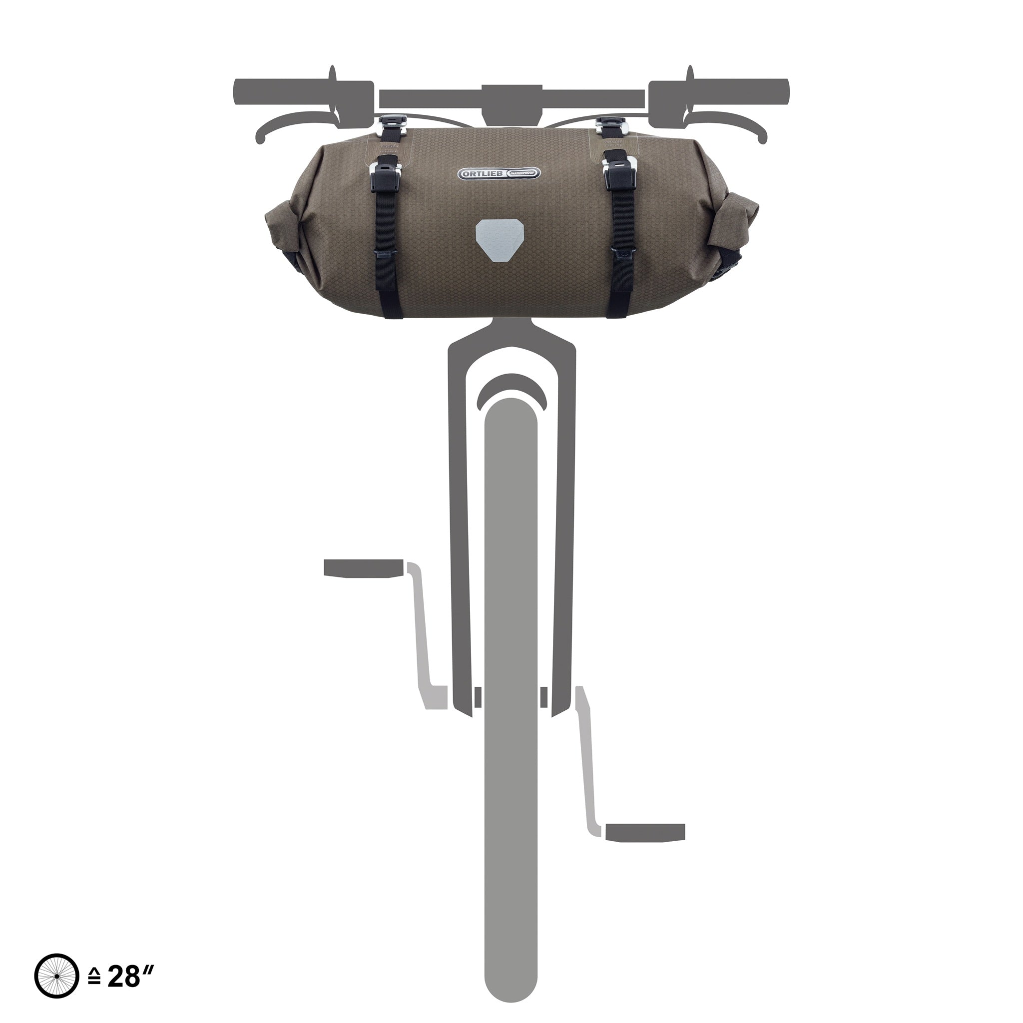 Illustration of ORTLIEB Handlebar-Pack Flex in dark-sand mounted on bicycle handlebar