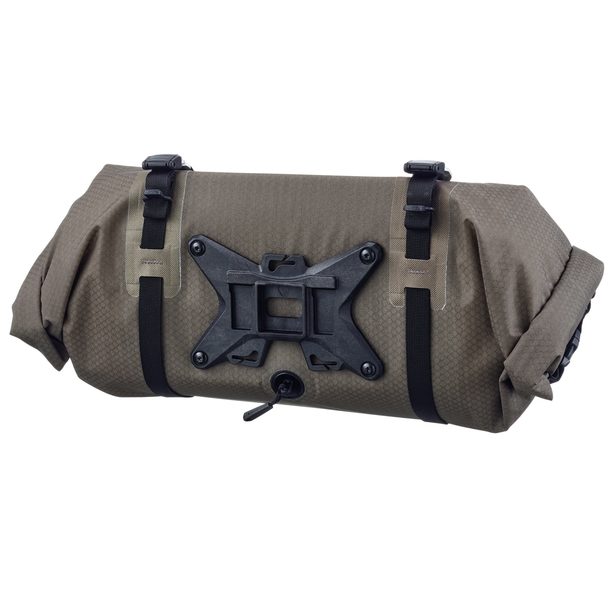 Rear view of ORTLIEB Handlebar-Pack Flex in dark-sand with plastic reinforcement and mount