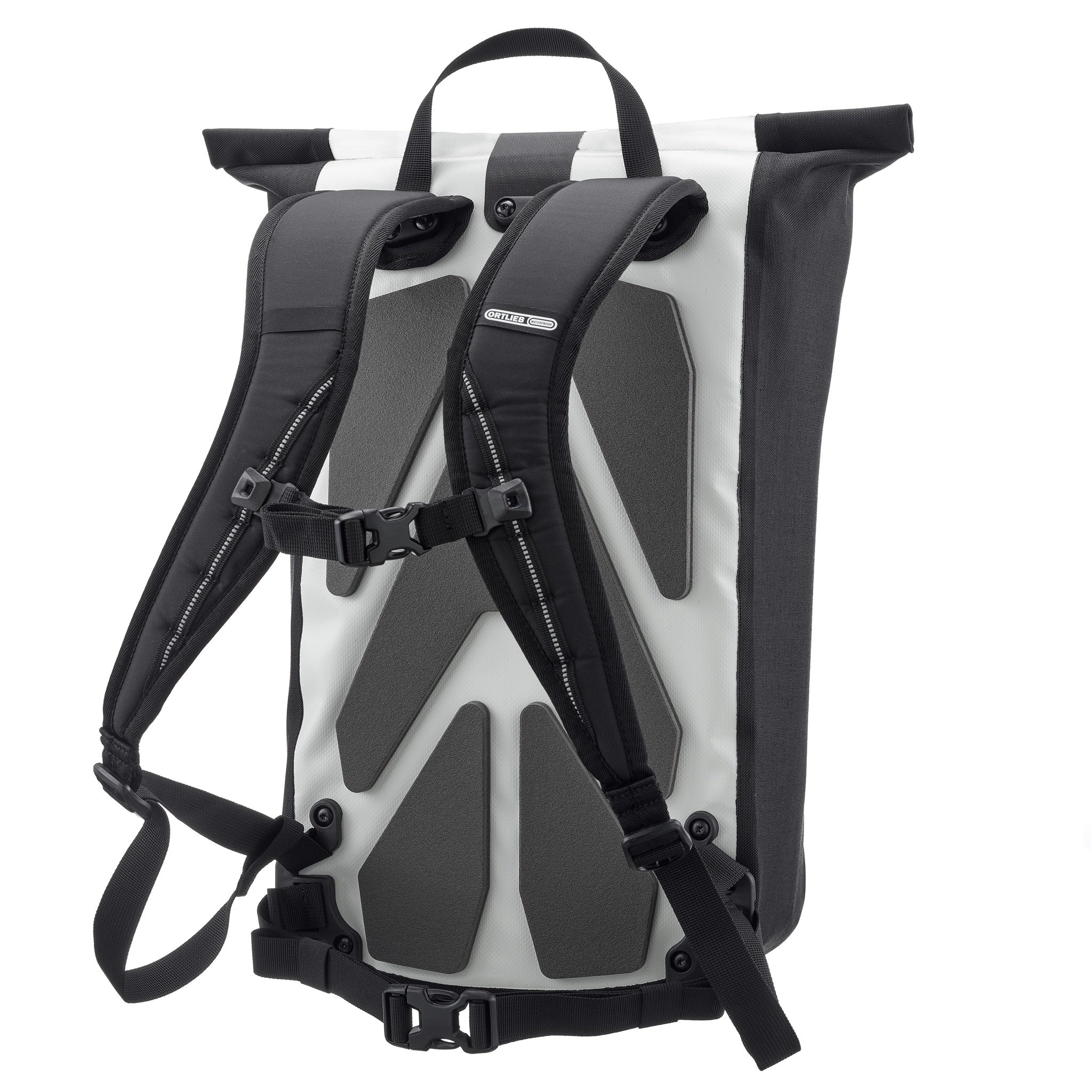Back view of ORTLIEB Velocity Design backpack with padded back panel and chest strap