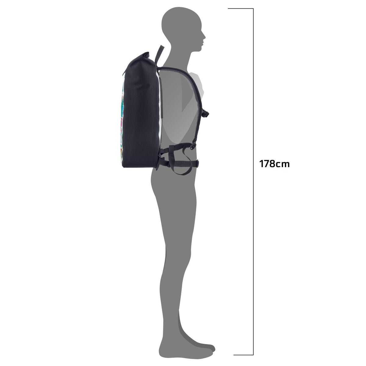 Side view of silhouette with ORTLIEB Velocity Design backpack in pink turquoise white at 178 cm height