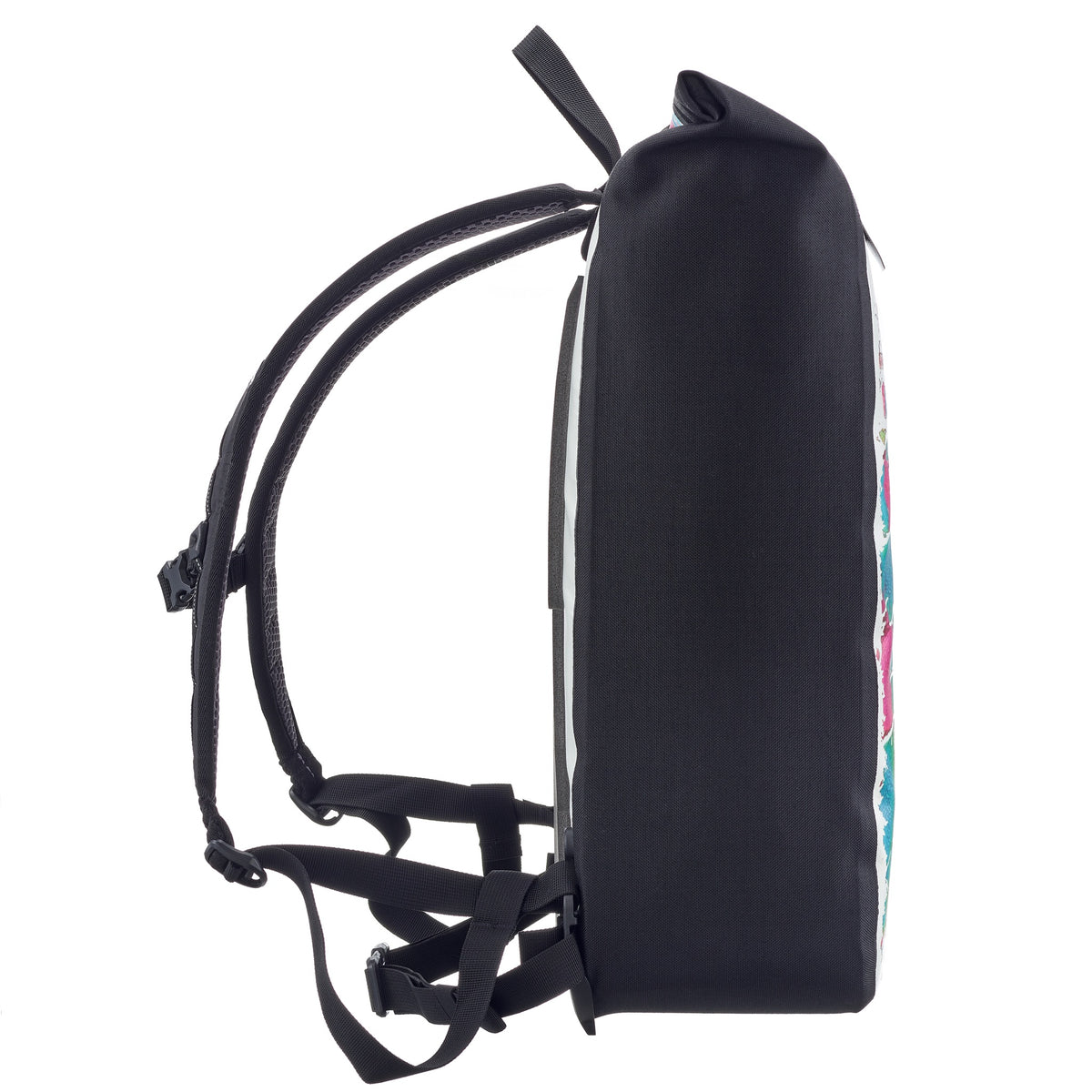 Side view of ORTLIEB Velocity Design backpack with sleek shape and roll closure